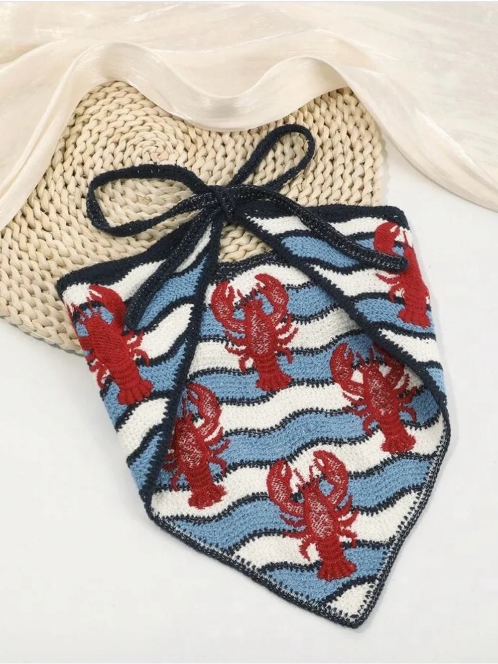 NWOT Red, White and Blue Striped Headscarf with Red Lobster Motif, OS